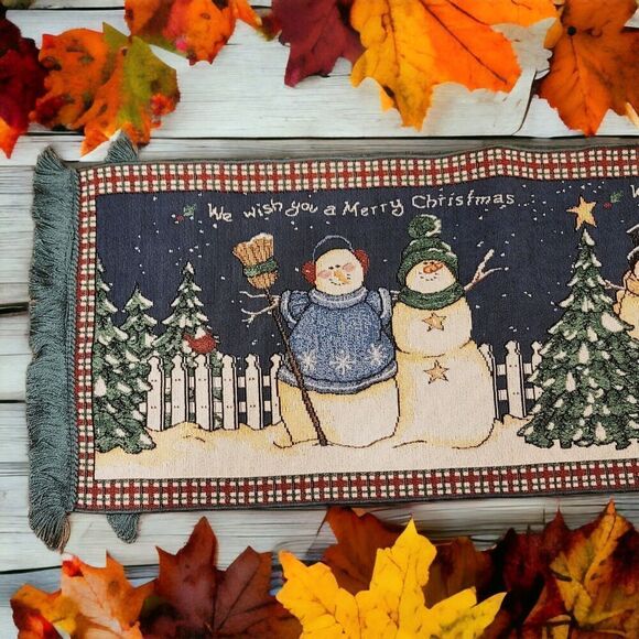 Vintage Snowman Christmas Table Runner Christmas Trees 72" X 13" - Picture 1 of 6